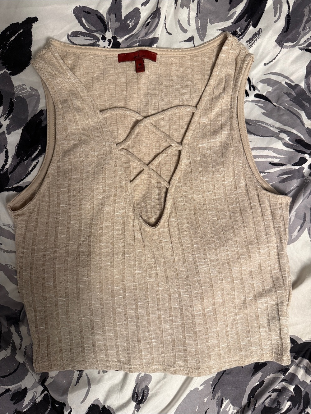 Red by BKE Crisscross Ribbed Crop Tank Top - Neutral Beige